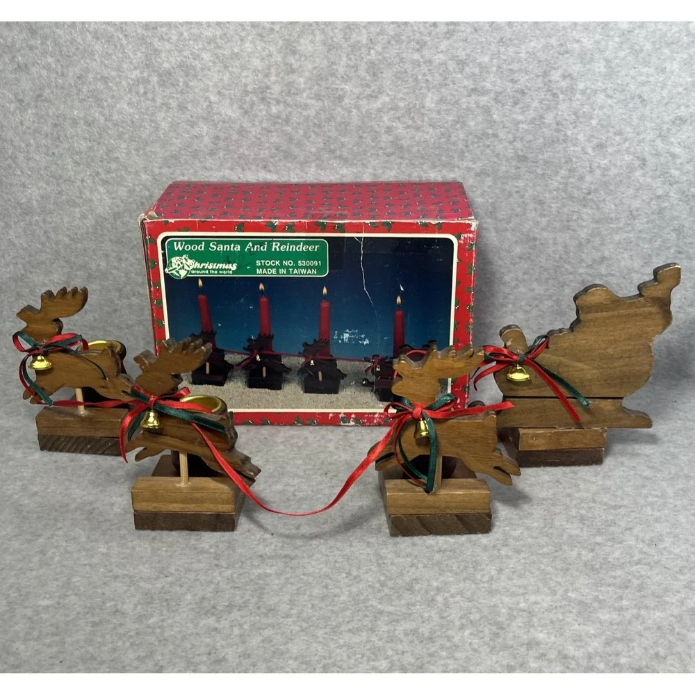 Vintage Christmas Around the World Wood Sleigh Reindeer Taper Candle Holders Set